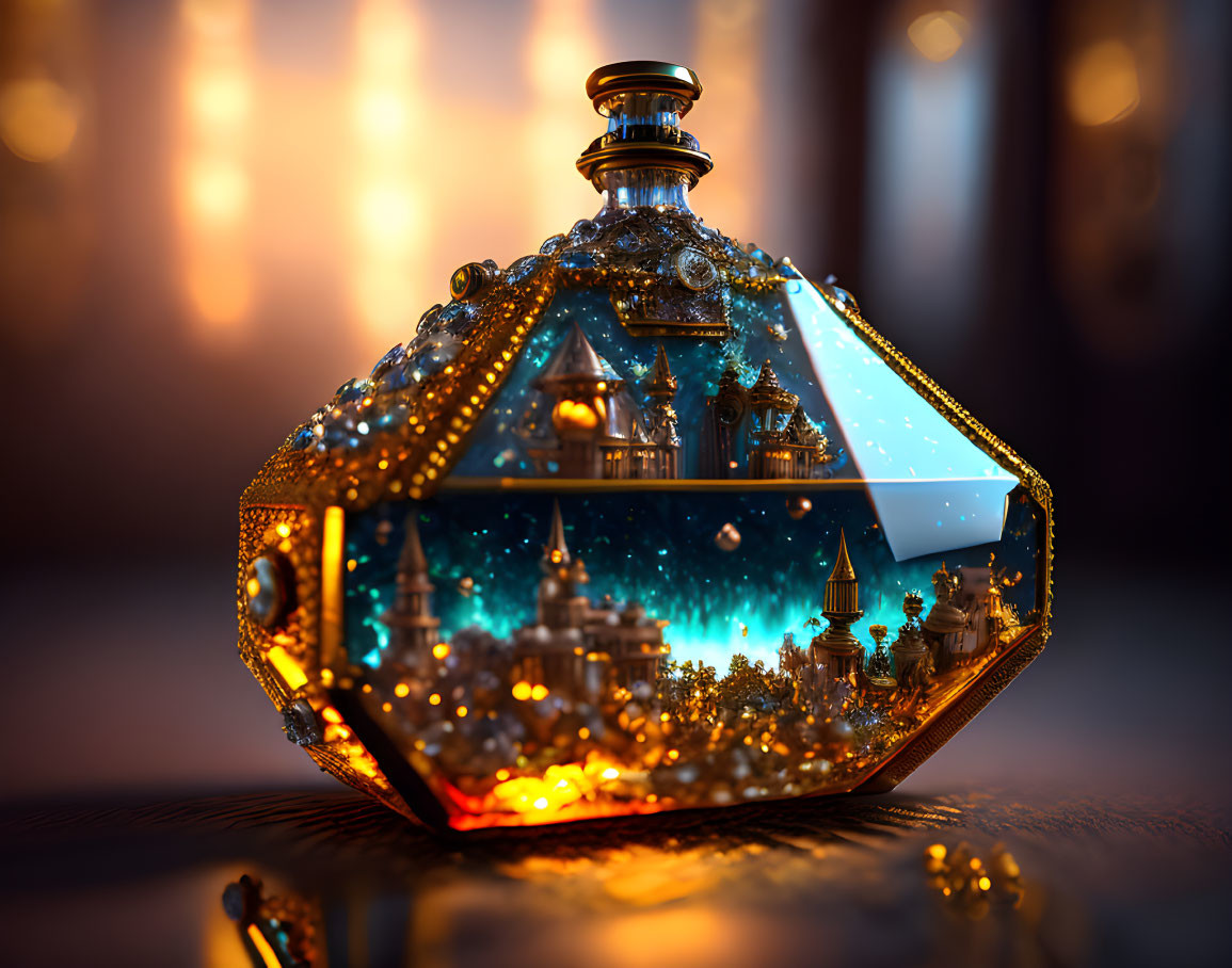 Gem-Studded Ornate Bottle with Miniature Fantasy Cityscape Inside