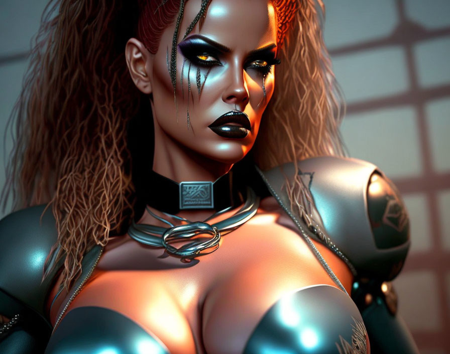 Futuristic female character in metallic armor with choker on tiled background