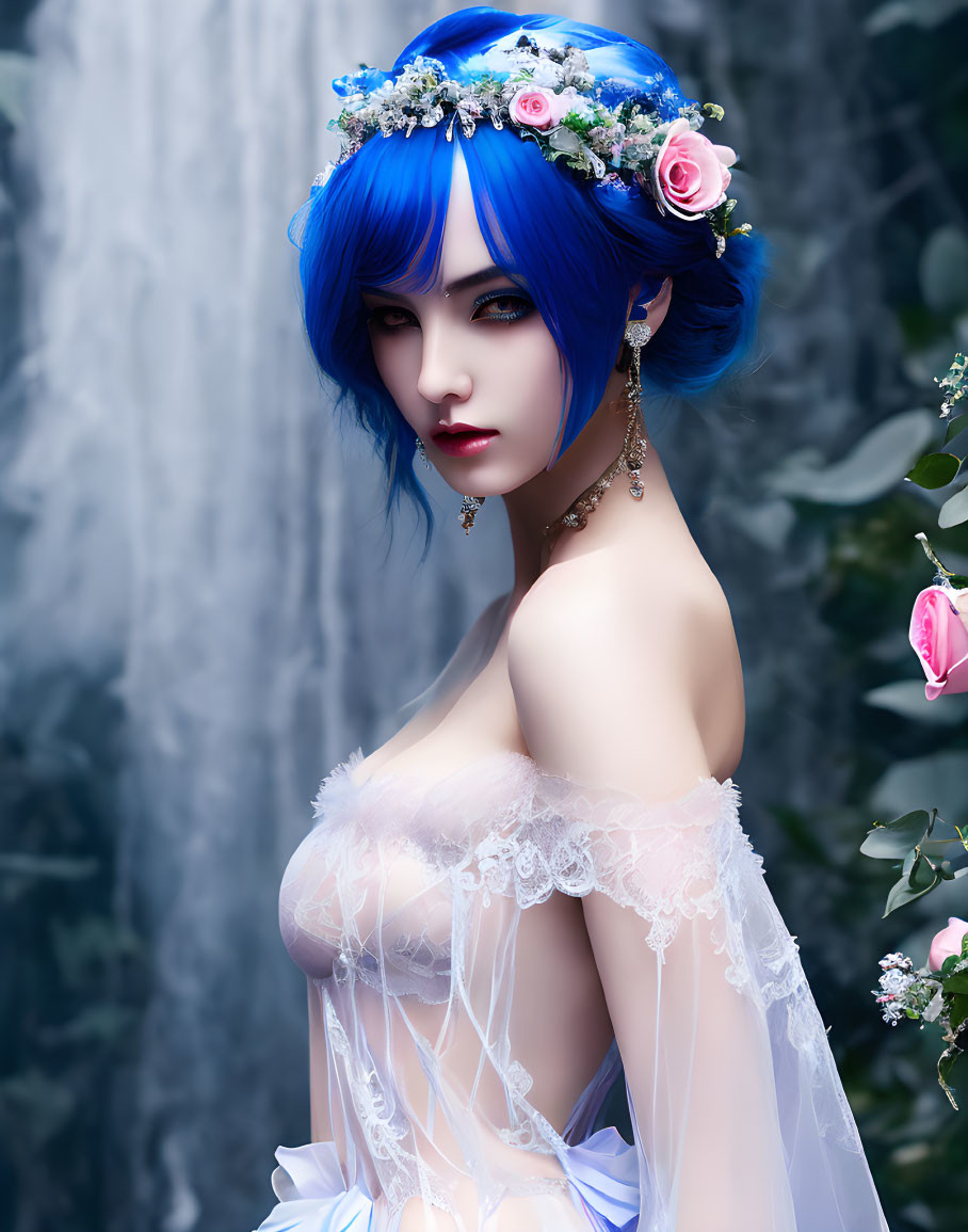 Vivid blue-haired woman with floral crown in front of waterfall