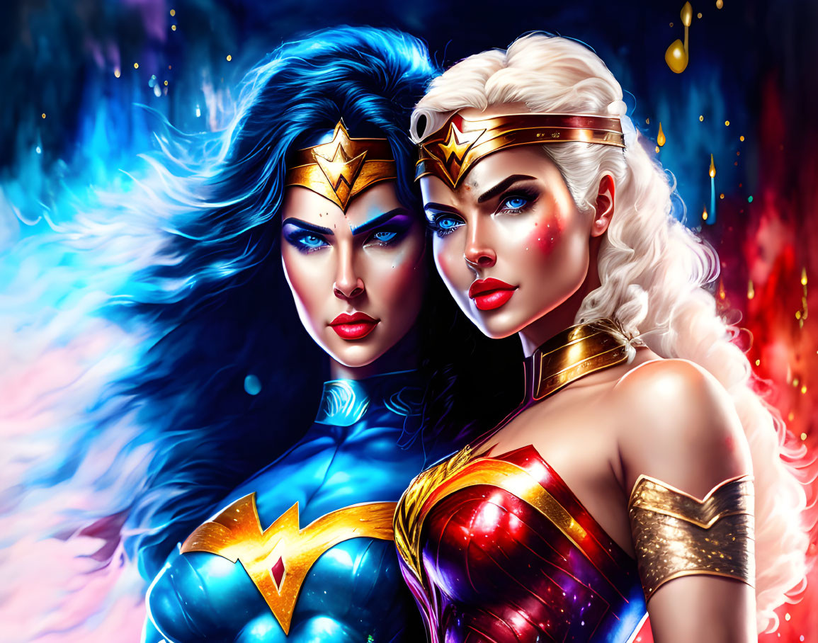 Stylized female superheroes in vibrant blue and red costumes on cosmic backdrop