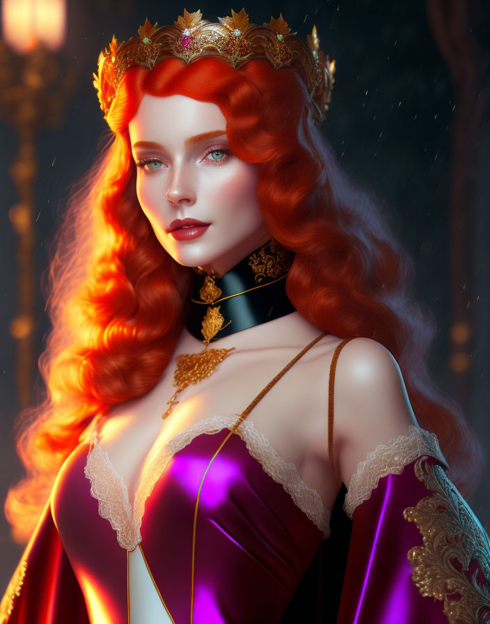Digital artwork: Woman with red hair, golden crown, purple dress on dark backdrop