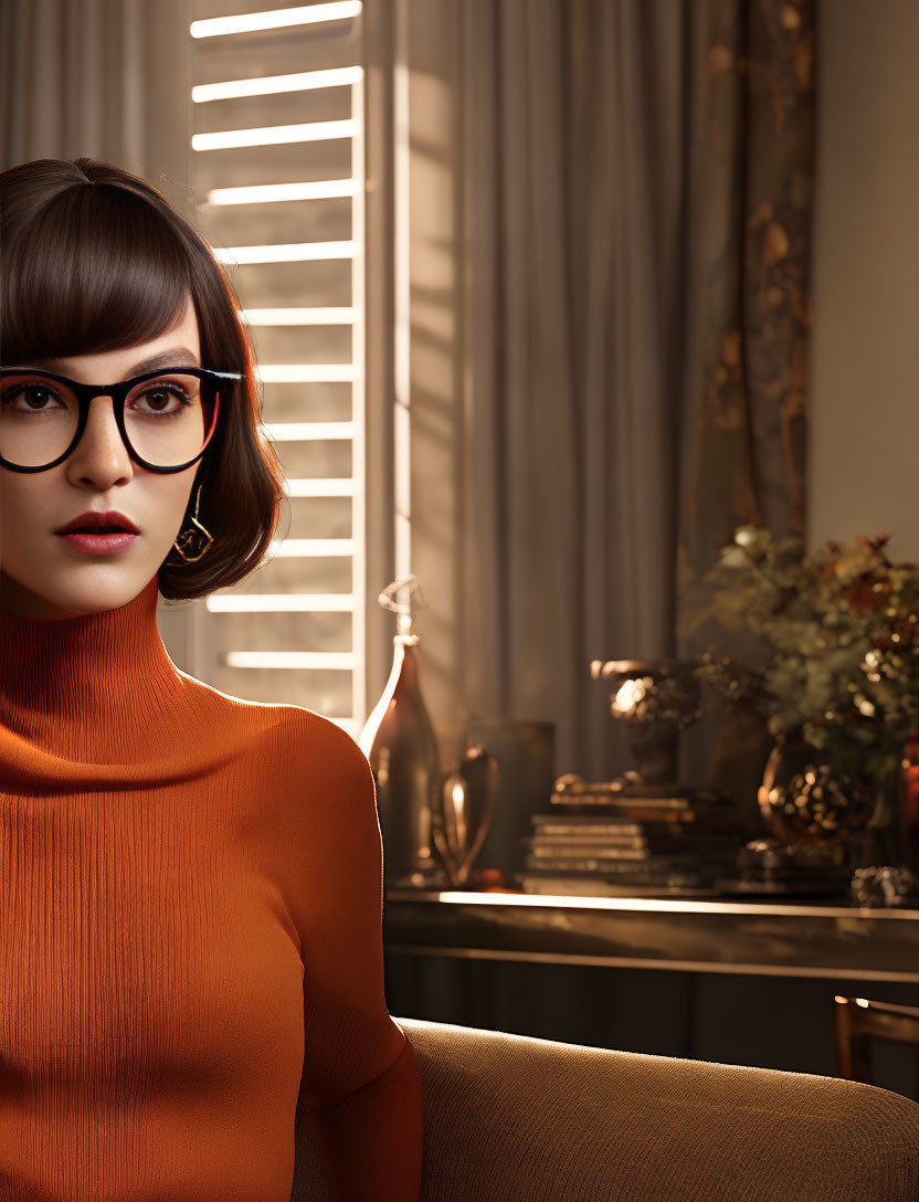 Stylized image of woman with glasses and bob haircut in orange turtleneck, against elegant interior