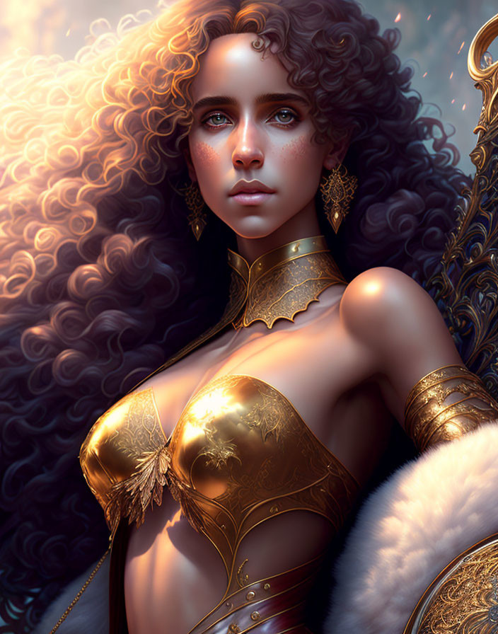 Digital artwork: Woman with curly hair, golden armor, sitting on majestic throne
