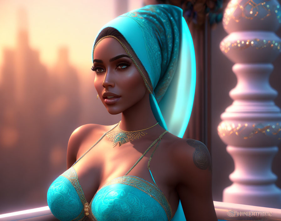 Detailed digital artwork: Woman in headscarf, tattoos, turquoise attire, amber-lit cityscape