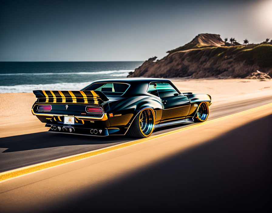 Black Muscle Car with Gold Stripes Driving on Coastal Road