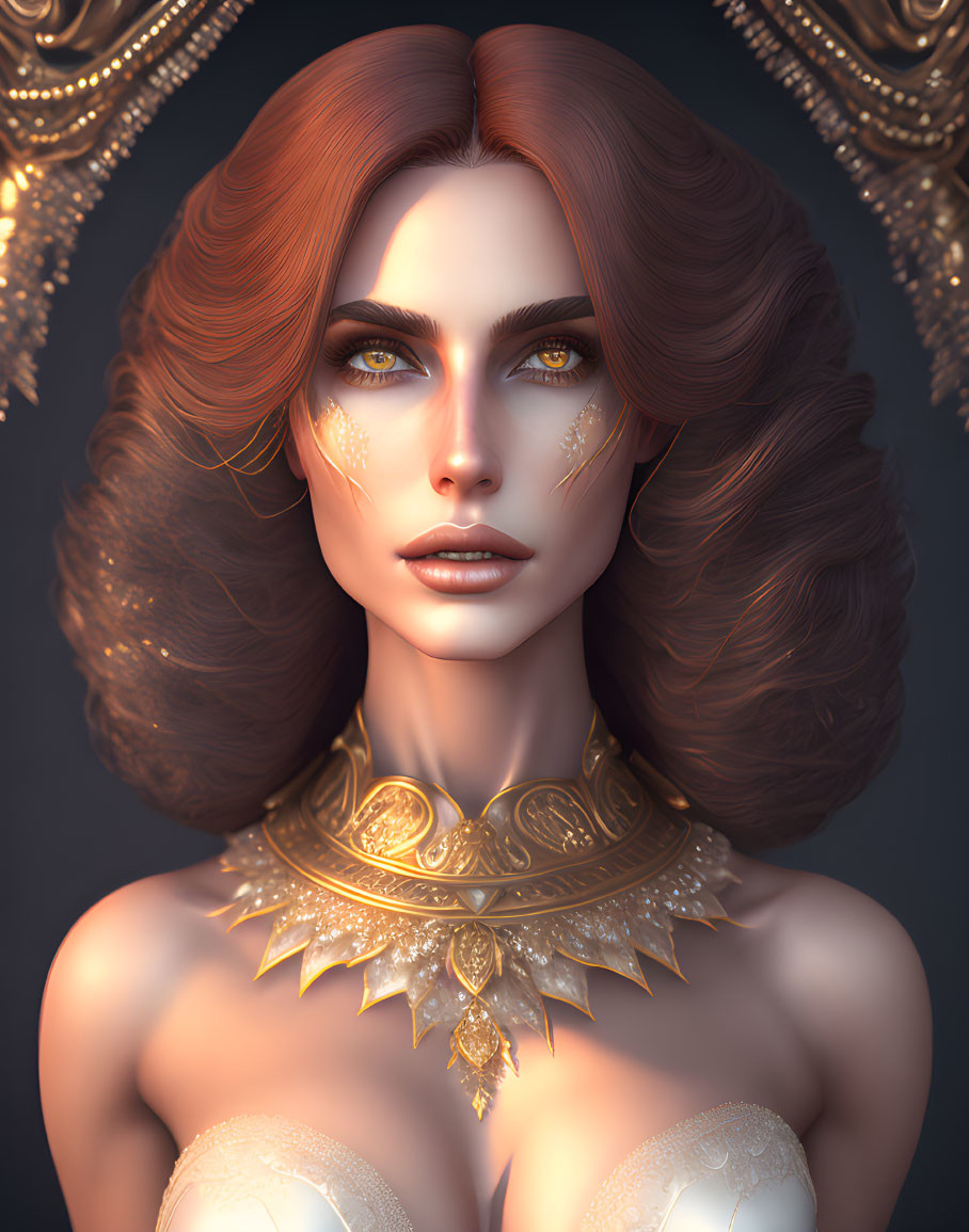 3D-rendered image of woman with auburn hair and gold makeup