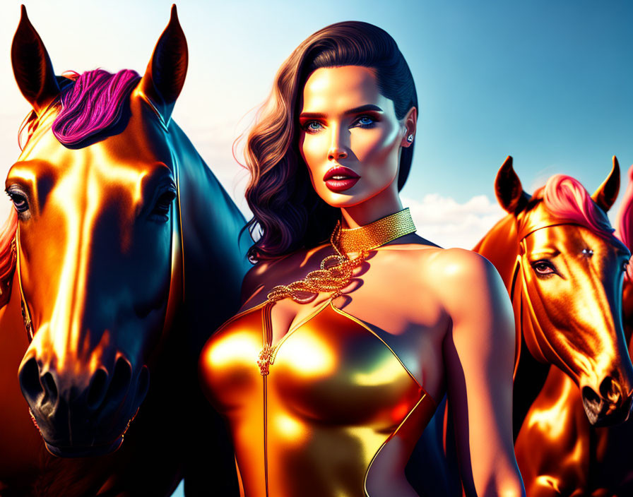 Stylized illustration of woman in golden outfit with horses on blue sky