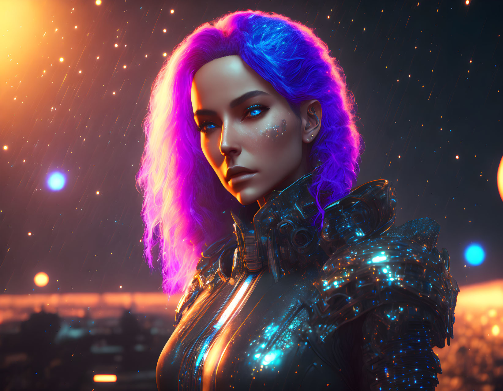 Woman with Blue and Purple Hair in Futuristic Armor on Sparkling Background