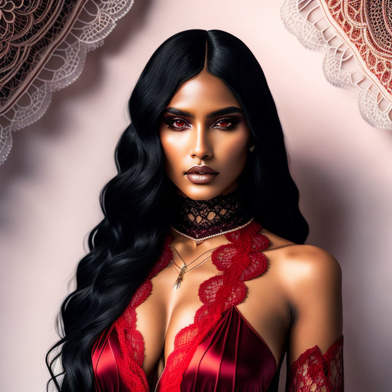 Woman with long black hair, red lace dress, choker, pink background.