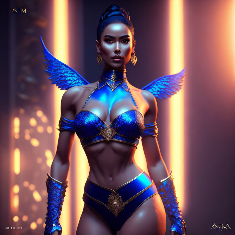 Digital artwork: Female character with blue wings, armor, and golden accents