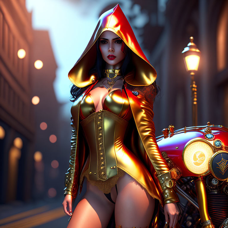Woman in Gold-Trimmed Red Cape and Corset with Motorbike in Dusky City Street