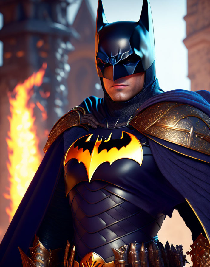 Person in Batman costume with cowl, cape, emblem, flames, gothic architecture