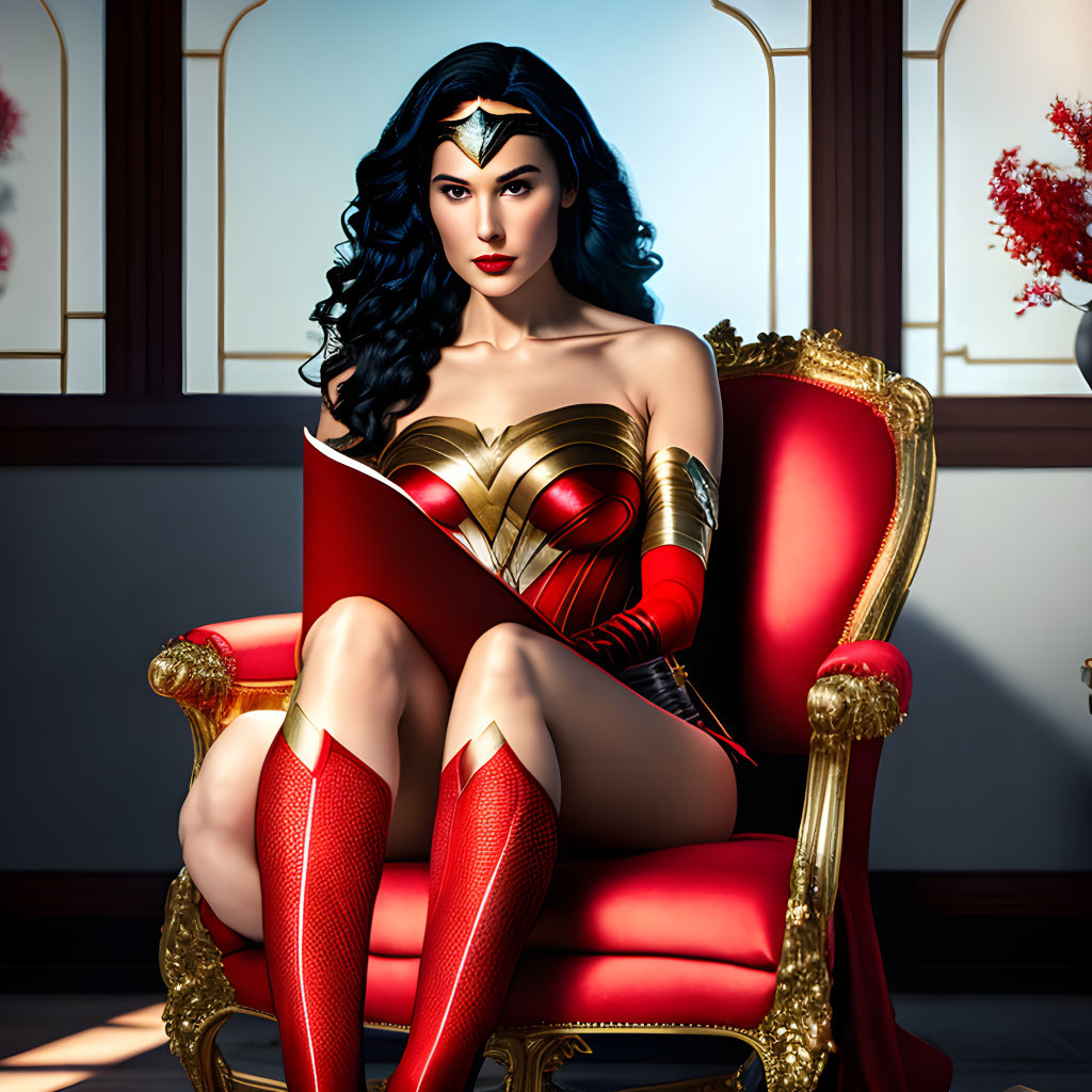 Stylized illustration of Wonder Woman reading book by window