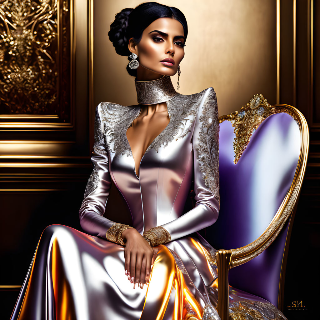 Sophisticated woman in metallic dress and updo hairstyle on regal chair