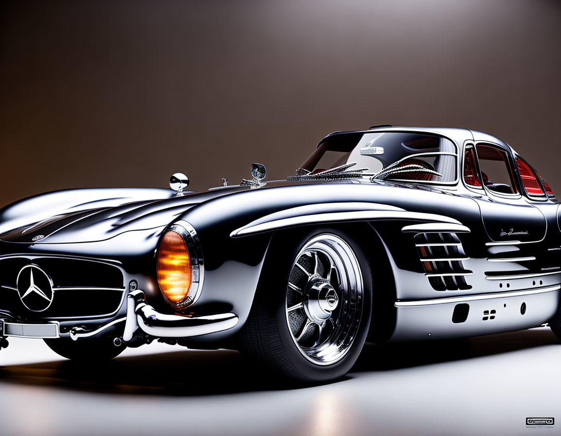 Vintage Silver Mercedes-Benz Race Car with Gull-Wing Doors on Gradient Background