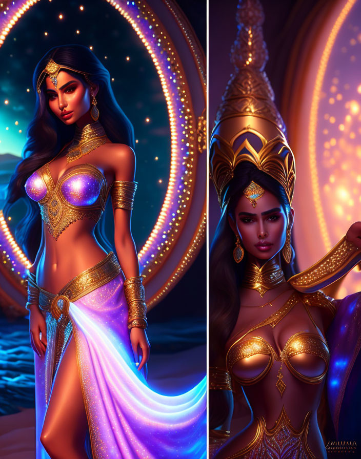 Dark-haired woman in golden fantasy armor against mystical night backdrop