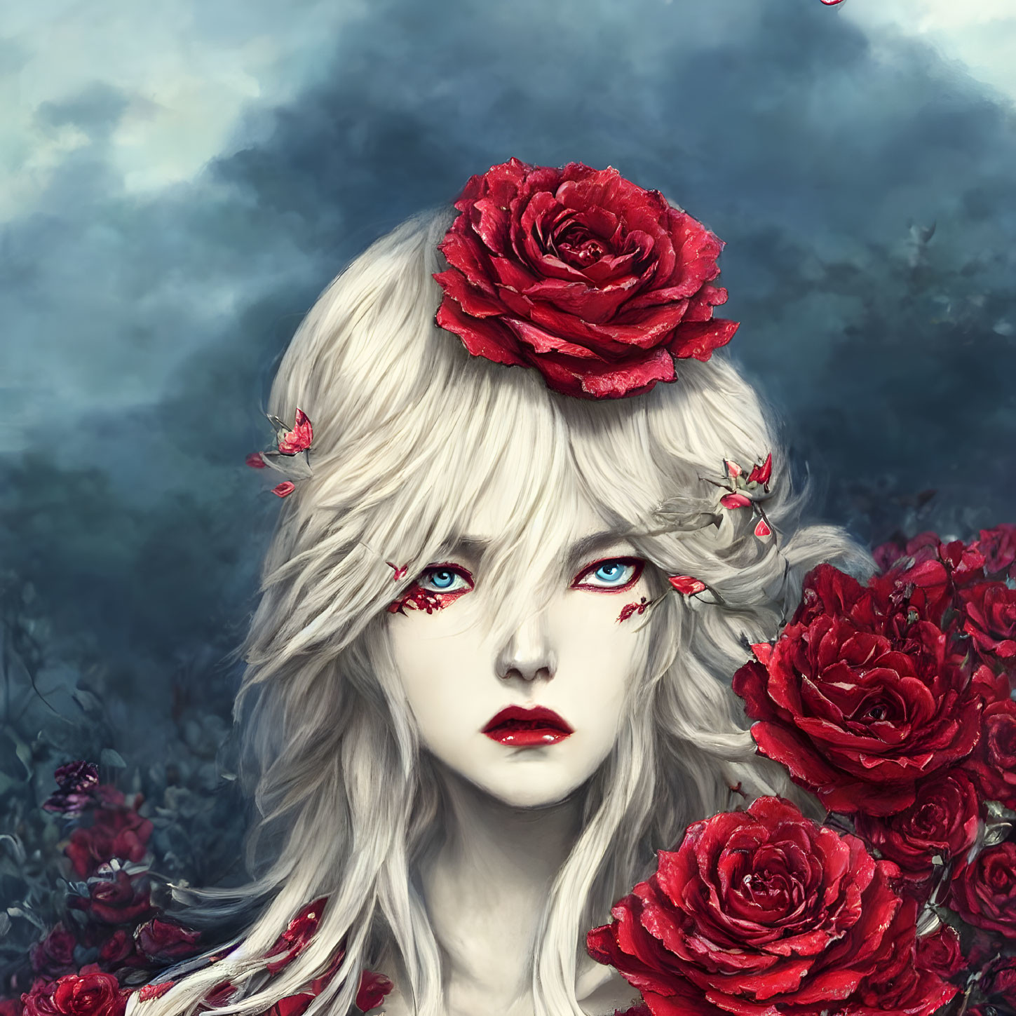 Pale-skinned person with white hair and red eyes surrounded by red roses on a blue-grey backdrop