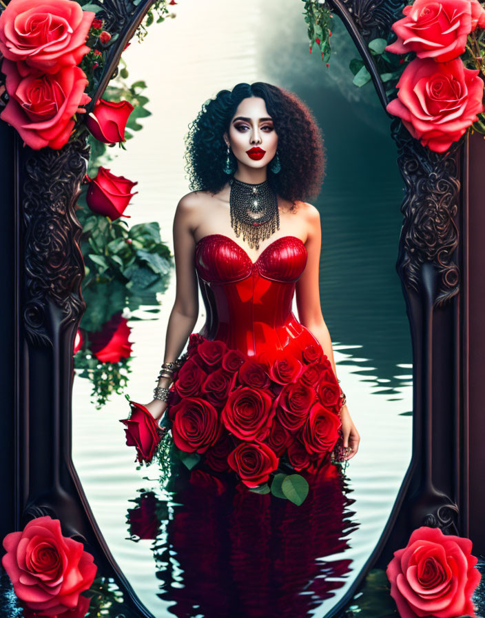 Woman in Red Dress Reflecting in Floral Mirror with Water Surface