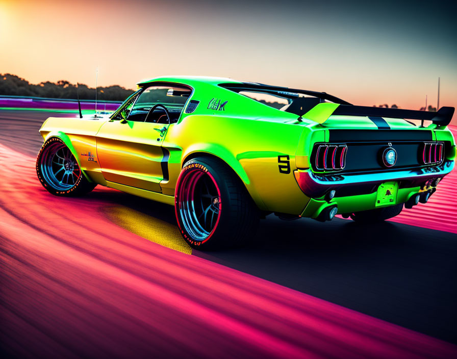 Neon Green and Yellow Classic Mustang with Aftermarket Mods at Twilight