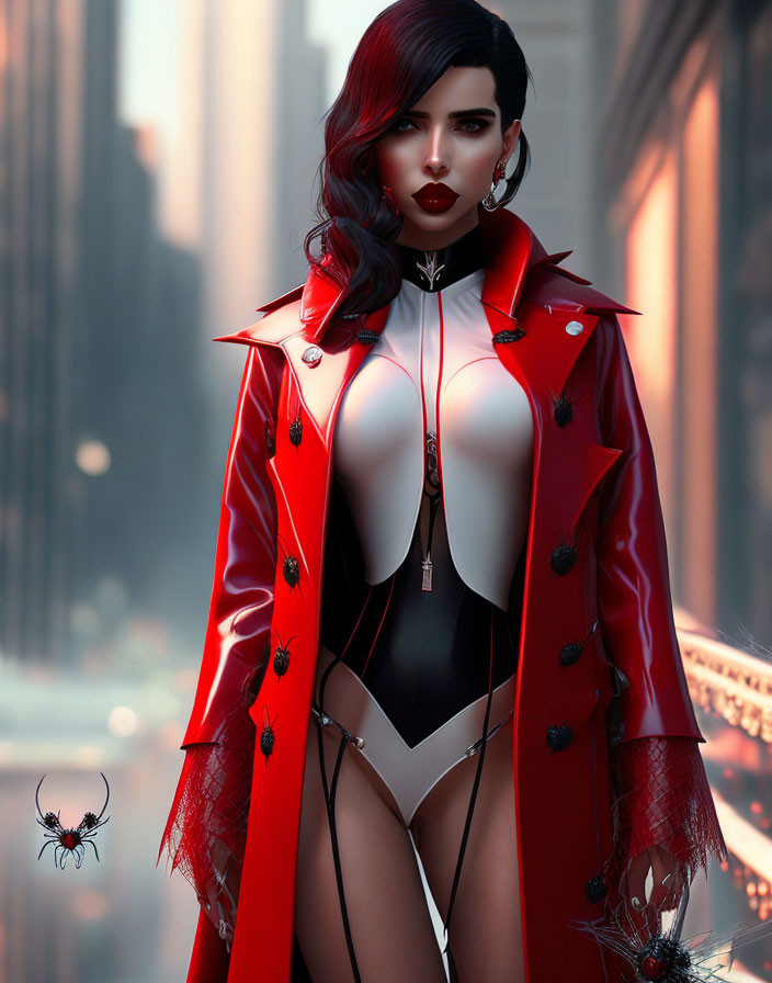 Stylized 3D rendering of woman in red lips and hair, black-and-white bodys