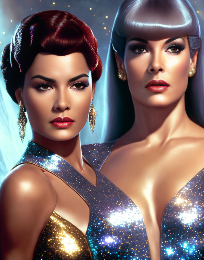 Stylized women in glamorous makeup and sparkly dresses, one with auburn hair and bang