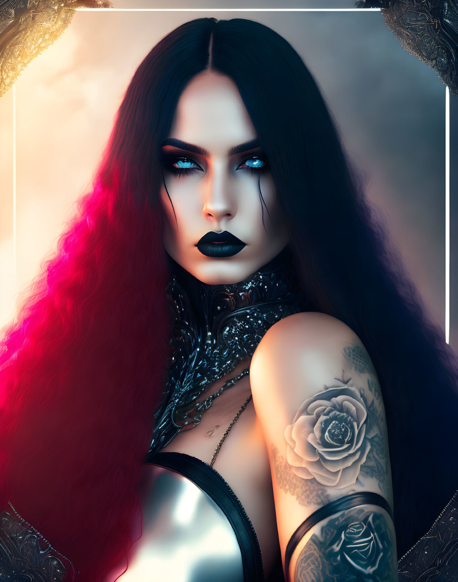 Portrait of woman with black hair, blue eyes, dark lipstick, and rose tattoo on arm against vibrant