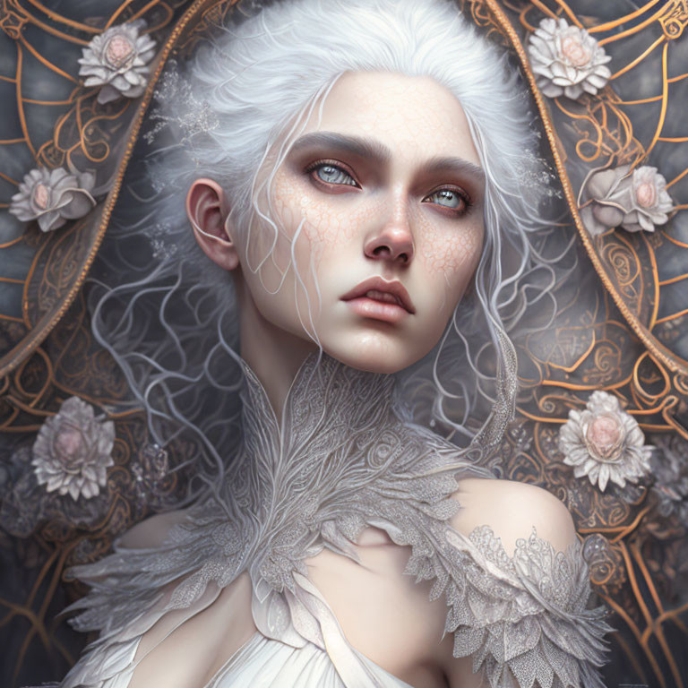 Portrait of female figure with white hair, pale skin, intense eyes, and golden designs.