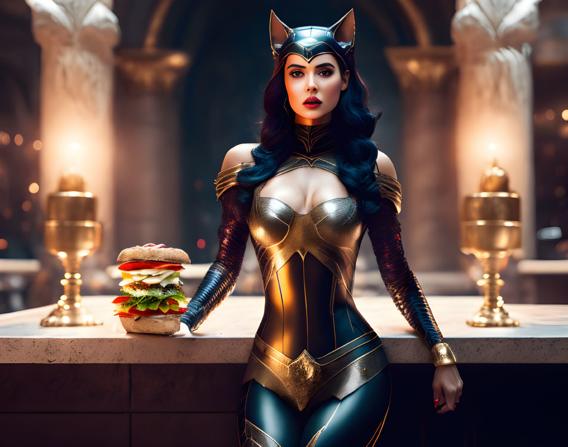 Stylized female superhero with hamburger in ornate background