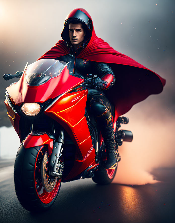 Futuristic red and black suit person on sleek red motorcycle in misty setting