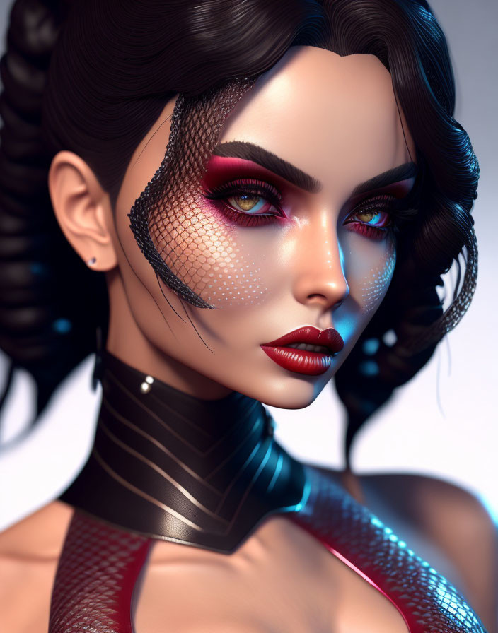 3D illustration of woman with striking makeup and mesh detail