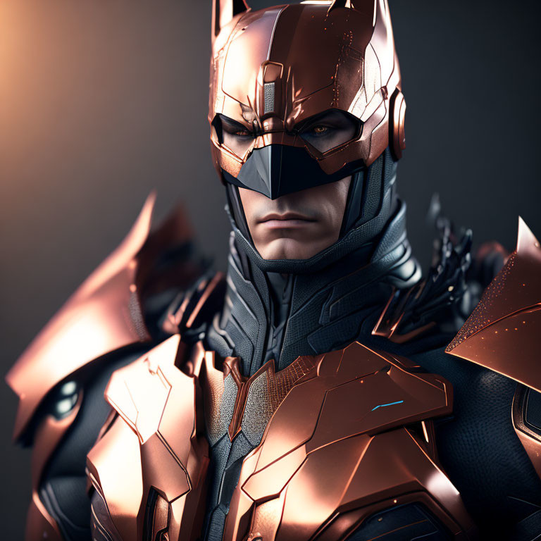 Detailed futuristic armor suit with metallic orange plates and masked helmet.