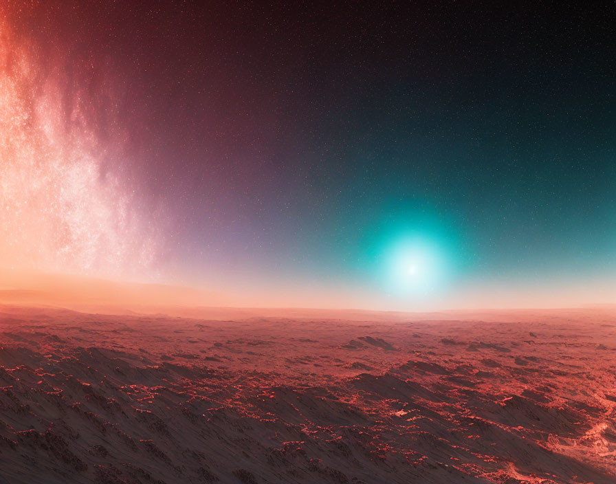 Surreal Cosmic Landscape with Glowing Celestial Body Over Red Terrain