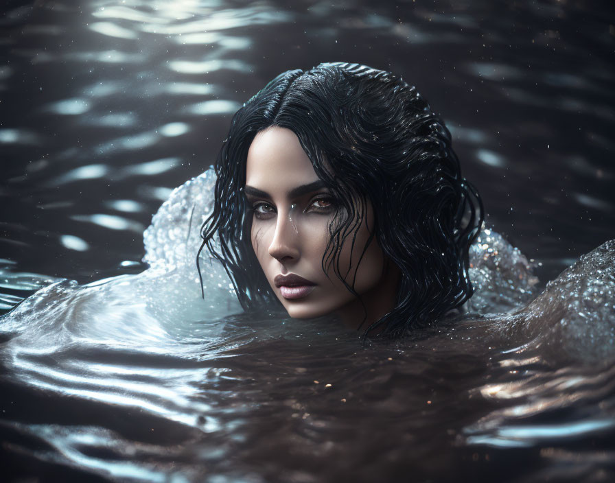 Woman with Wet Dark Hair Emerging from Water with Intense Gaze