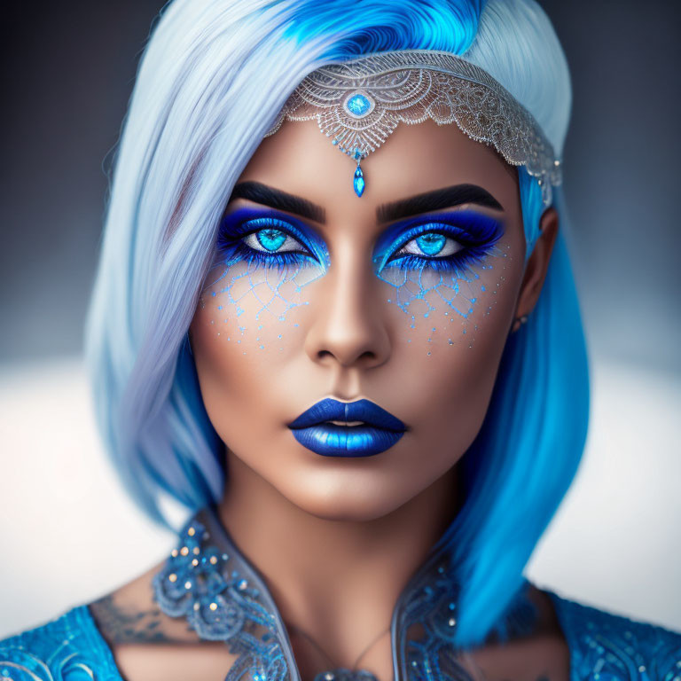 Vibrant Blue Hair Woman with Silver Jewelry and Headpiece