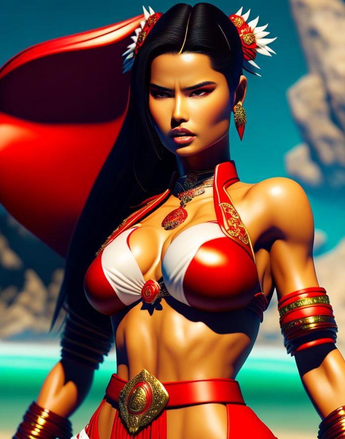 Stylized 3D illustration of fierce female warrior in golden armor.