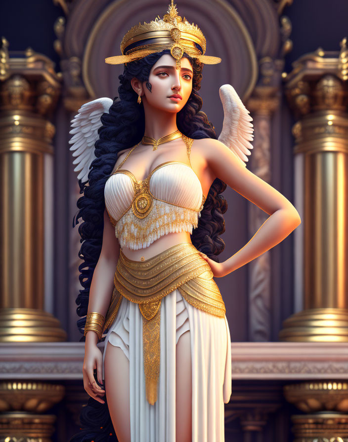 3D illustration of winged female deity with gold headdress and jewelry