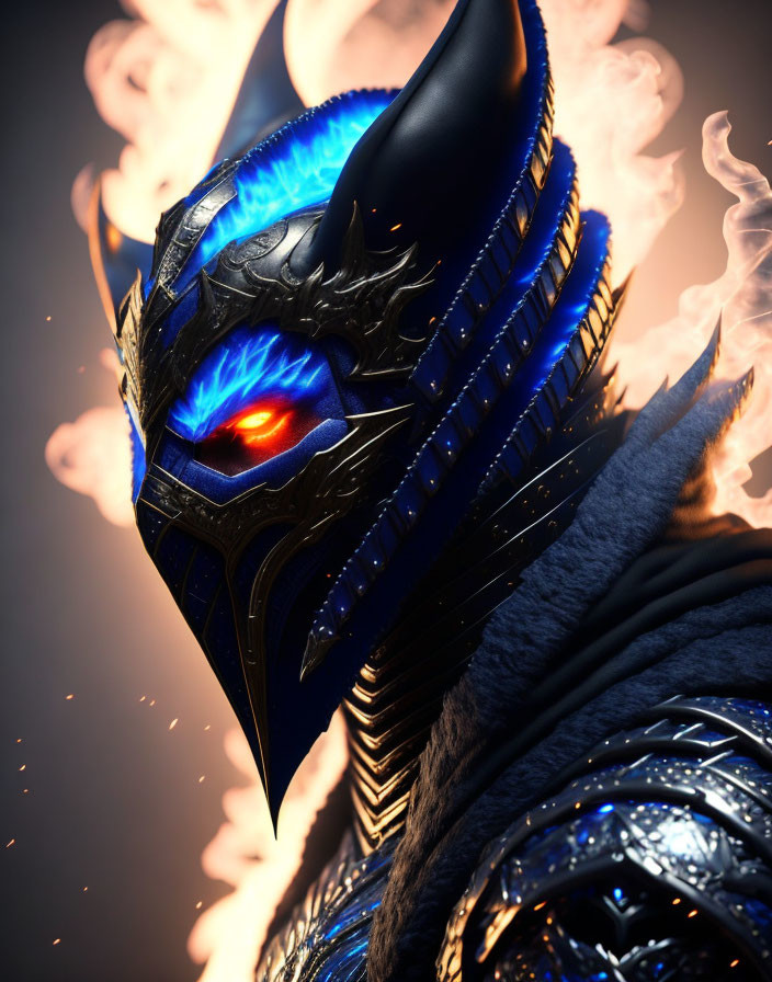 Fantasy armor helmet with glowing blue accents and intense orange eye in mist.