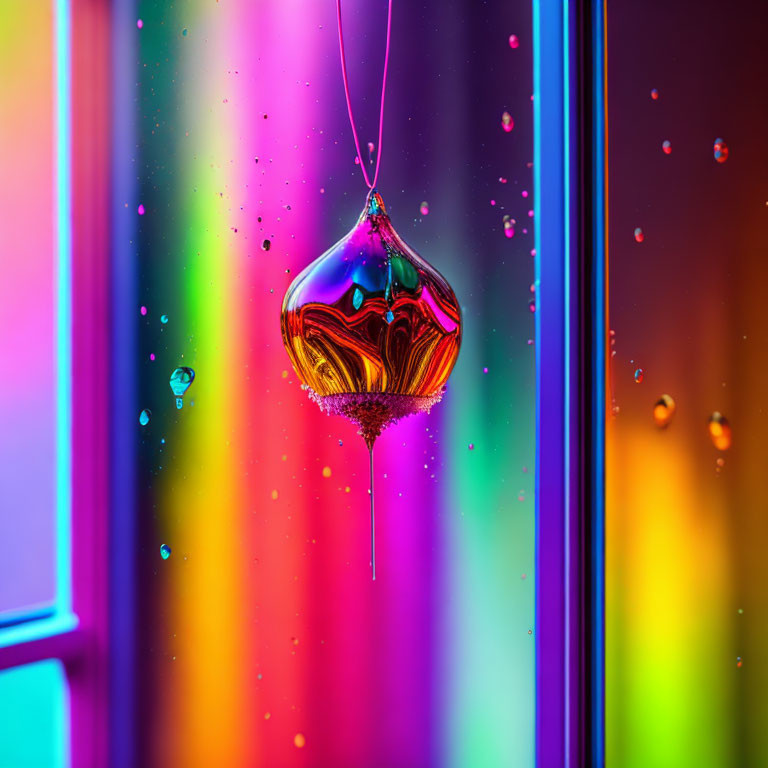 Colorful Glass Orb with Water Droplets on Rainbow Background