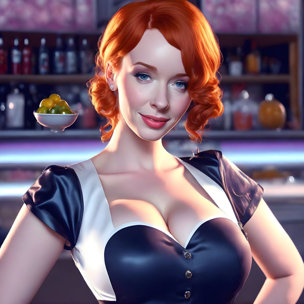 Red-haired woman in retro waitress outfit smiling in diner setting