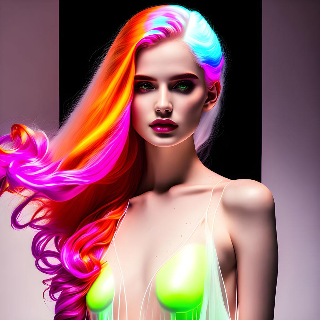 Vibrant rainbow-haired woman in neon dress on gradient background