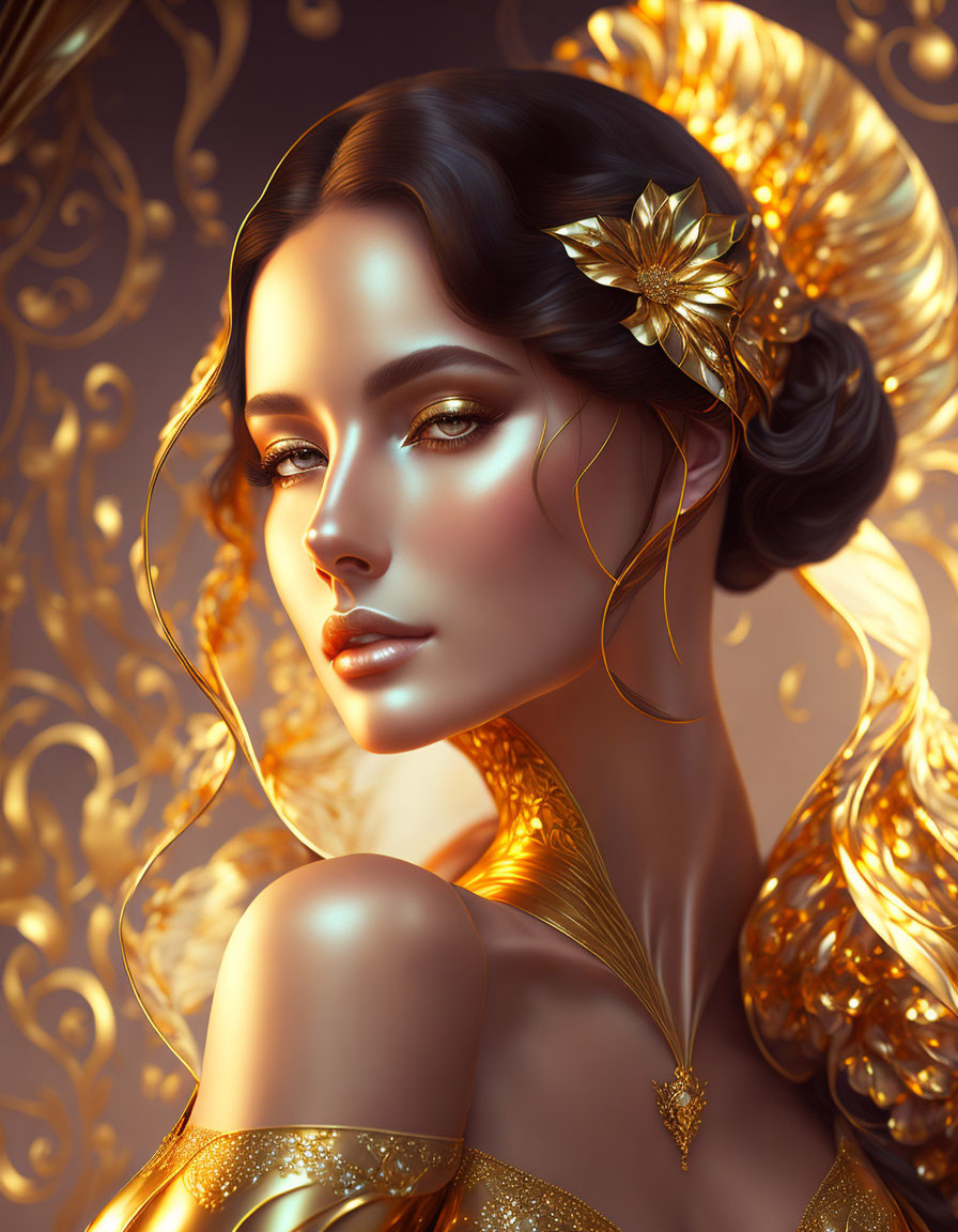 Elegant Woman with Gold Adornments and Floral Hair on Gilded Background