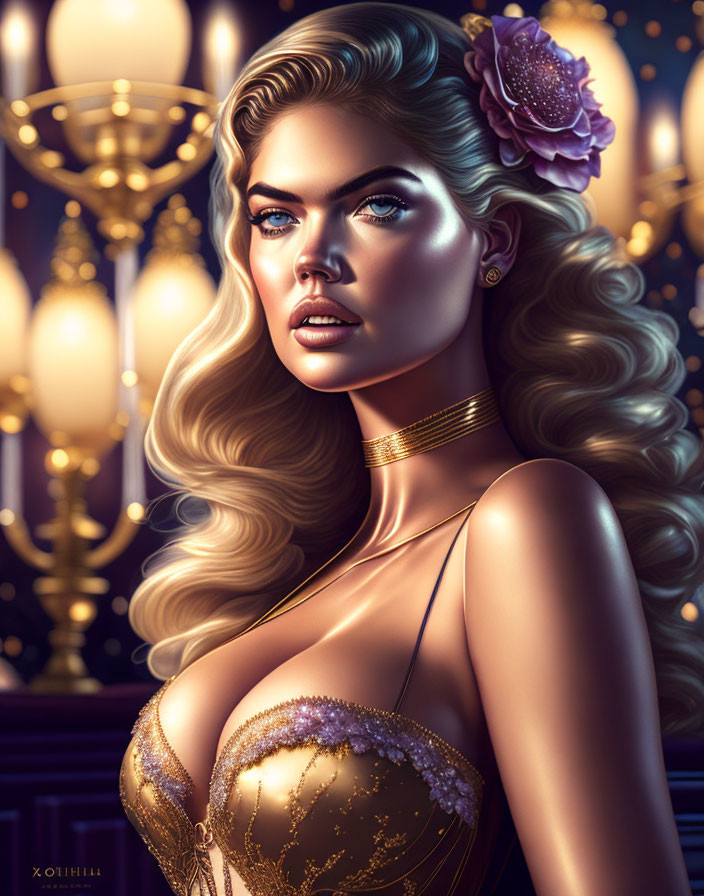 Illustrated portrait of woman with blonde hair, blue eyes, gold outfit, purple flower hair accessory.
