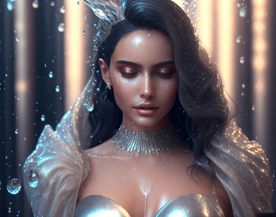 Digital portrait of a woman with fantasy elements and glowing light effects in ethereal blue tones.