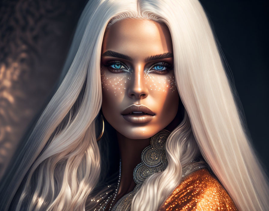 Portrait of Woman with Platinum Blonde Hair and Blue Eyes on Dark Background