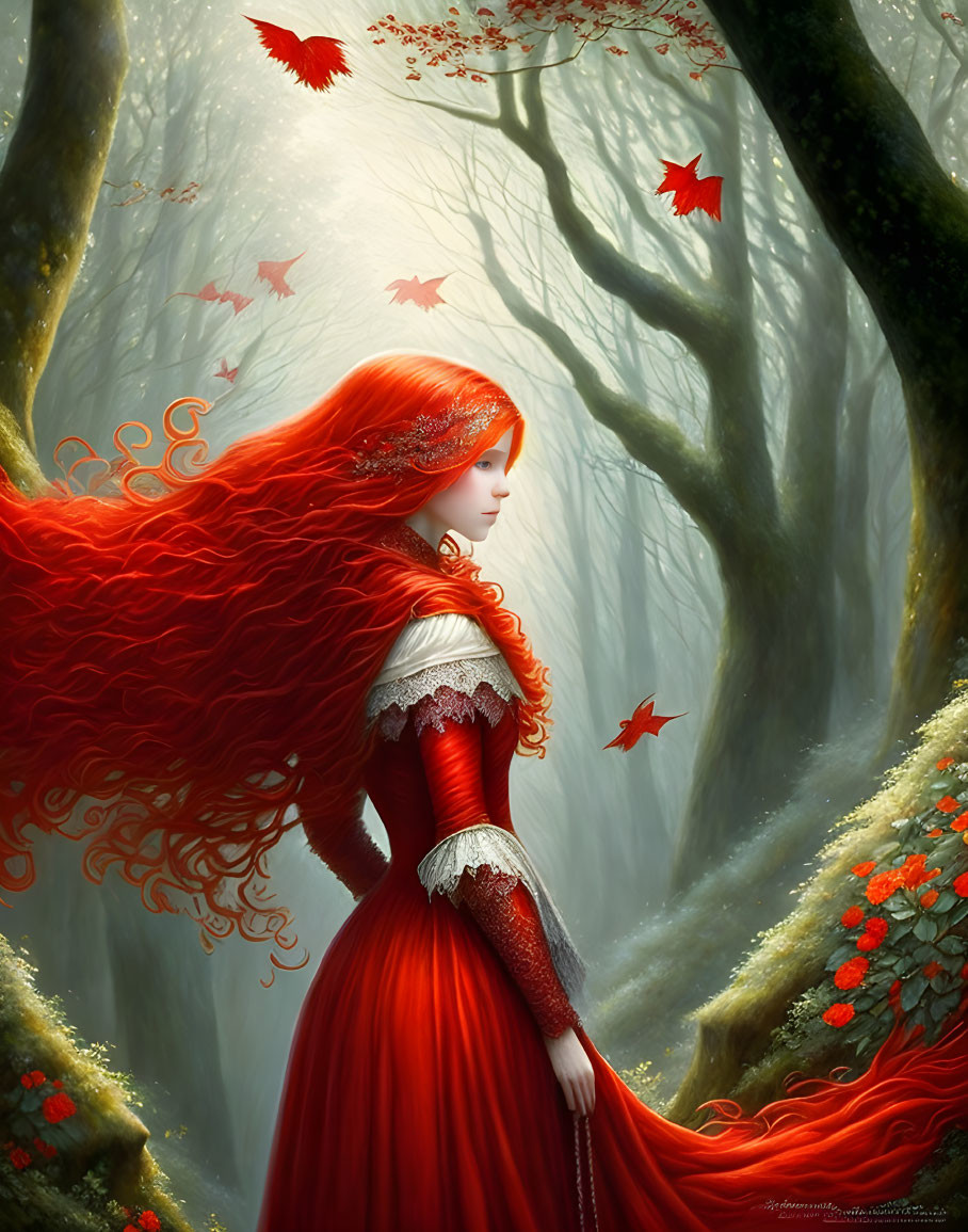 Red-haired woman in detailed dress in enchanted forest with red leaves and intricate trees