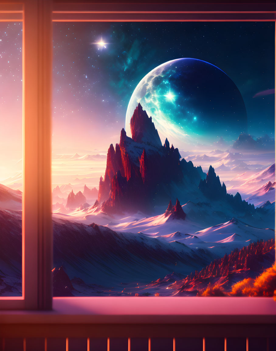 Surreal sunset landscape with snow-covered peaks and large moon
