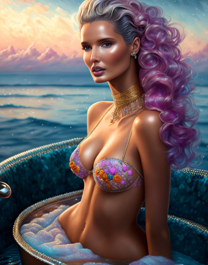 Digital artwork: Woman with purple hair in luxurious bubble bath
