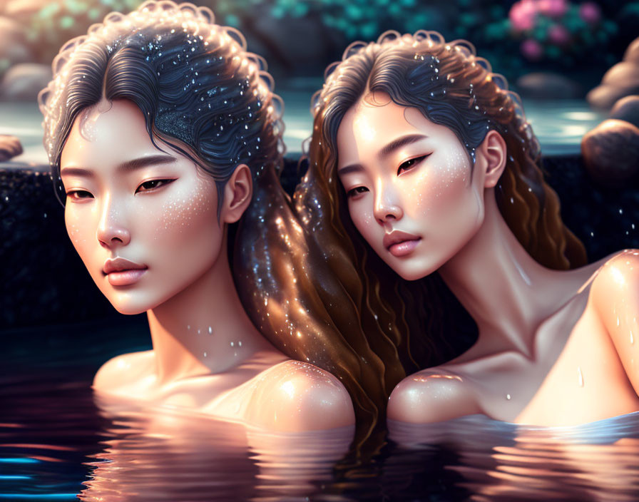Illustrated women with glittering skin in water surrounded by florals and pebbles