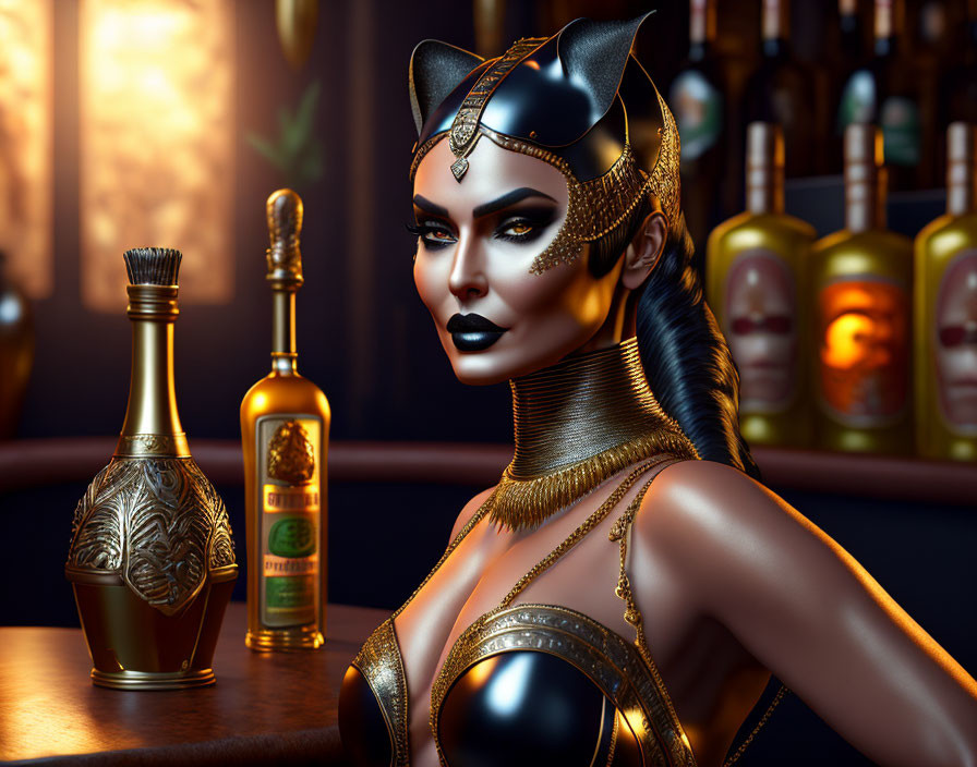 Stylized image of a woman with cat-themed makeup and gold jewelry in front of elegant bottles