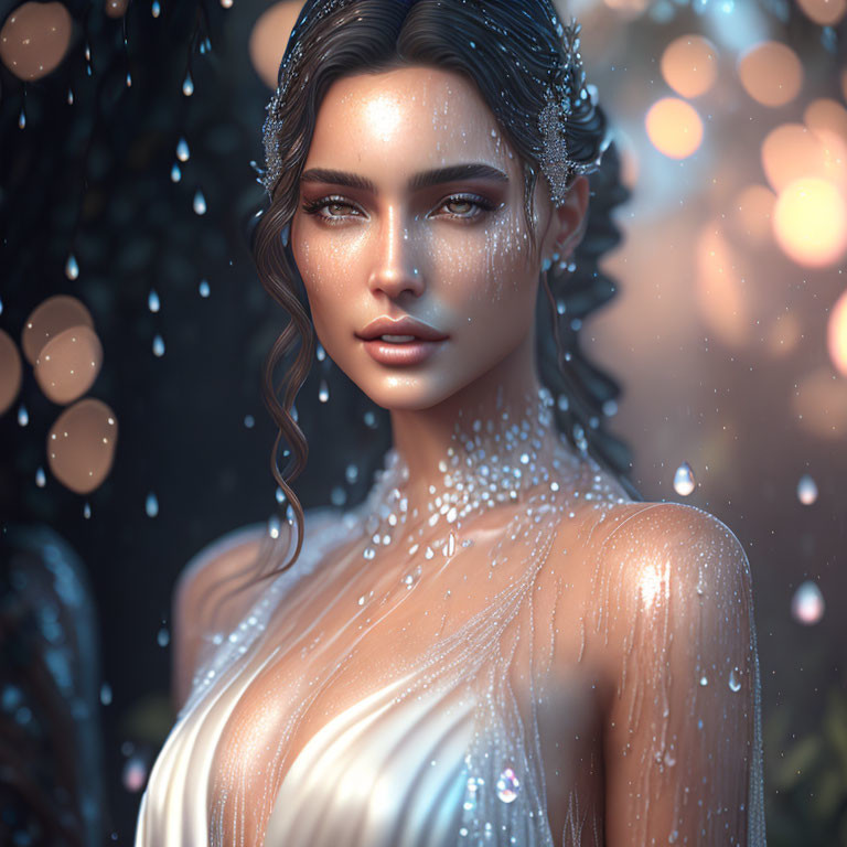 Portrait of woman with wet hair and glitter on skin against sparkling backdrop